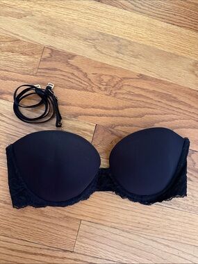 Natori 34C Feathers Plunge Lace Mesh Strapless Bra Black 731023